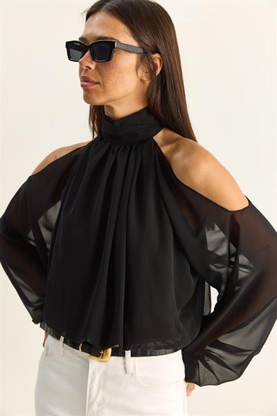 Kadın Omuz Dekolteli Dik Yaka Astarlı Etek Ucu Lastikli Şifon Bluz 1020 60286089 - Siyah