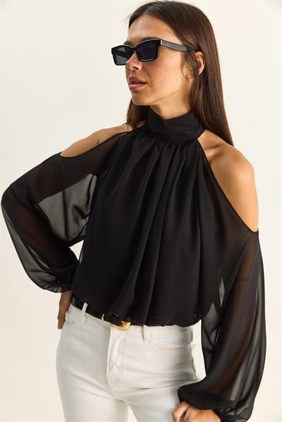 Kadın Omuz Dekolteli Dik Yaka Astarlı Etek Ucu Lastikli Şifon Bluz 1020 60286089 - Siyah
