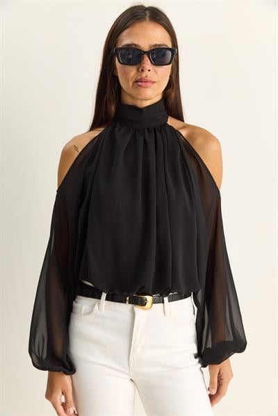 Kadın Omuz Dekolteli Dik Yaka Astarlı Etek Ucu Lastikli Şifon Bluz 1020 60286089 - Siyah