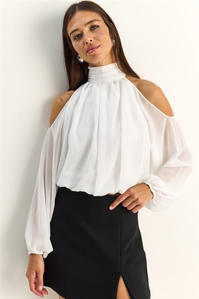 Kadın Omuz Dekolteli Dik Yaka Astarlı Etek Ucu Lastikli Şifon Bluz 1020 60286089 - Beyaz