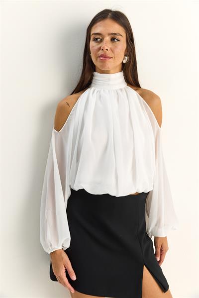 Kadın Omuz Dekolteli Dik Yaka Astarlı Etek Ucu Lastikli Şifon Bluz 1020 60286089 - Beyaz