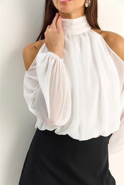 Kadın Omuz Dekolteli Dik Yaka Astarlı Etek Ucu Lastikli Şifon Bluz 1020 60286089 - Beyaz