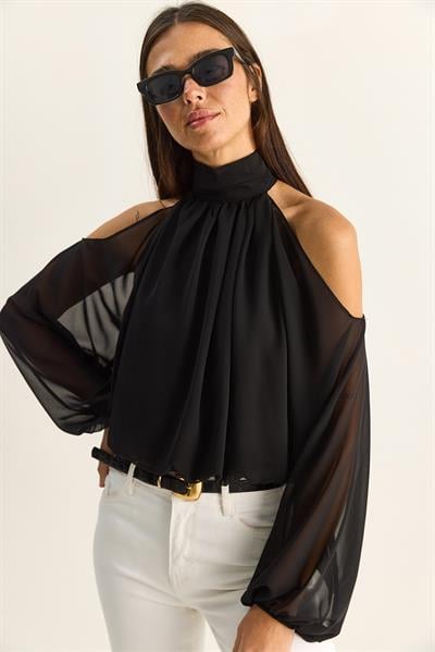 Kadın Omuz Dekolteli Dik Yaka Astarlı Etek Ucu Lastikli Şifon Bluz 1020 60286089 - Siyah