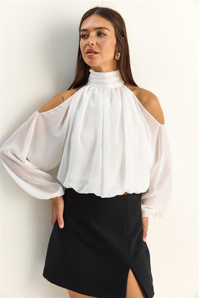 Kadın Omuz Dekolteli Dik Yaka Astarlı Etek Ucu Lastikli Şifon Bluz 1020 60286089 - Beyaz