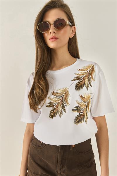 Kadın Omuzdan Yaprak Desenli Boncuk İşleme Detaylı Rahat Kalıp Pamuklu T-Shirt 1850 60283283 - Beyaz