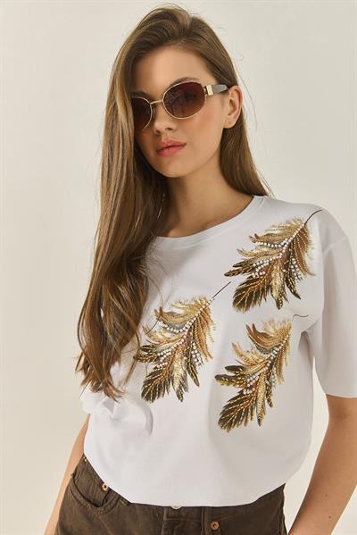 Kadın Omuzdan Yaprak Desenli Boncuk İşleme Detaylı Rahat Kalıp Pamuklu T-Shirt 1850 60283283 - Beyaz