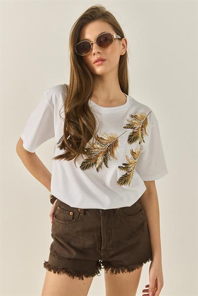 Kadın Omuzdan Yaprak Desenli Boncuk İşleme Detaylı Rahat Kalıp Pamuklu T-Shirt 1850 60283283 - Beyaz