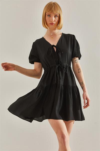 Kadın Önden Bağcıklı Tamara Mini Elbise 60251076 - Siyah