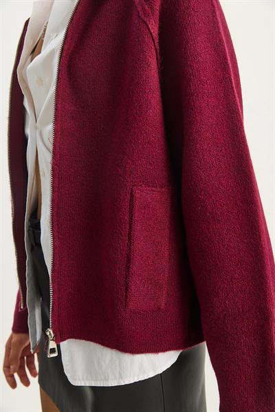 Kadın Önden Fermuarlı Polo Yaka Relaxed Triko Ceket Hırka 4904 60283590 - Vişne