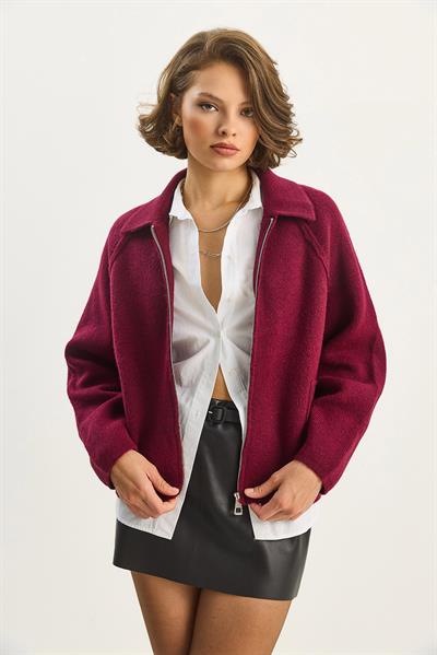 Kadın Önden Fermuarlı Polo Yaka Relaxed Triko Ceket Hırka 4904 60283590 - Vişne