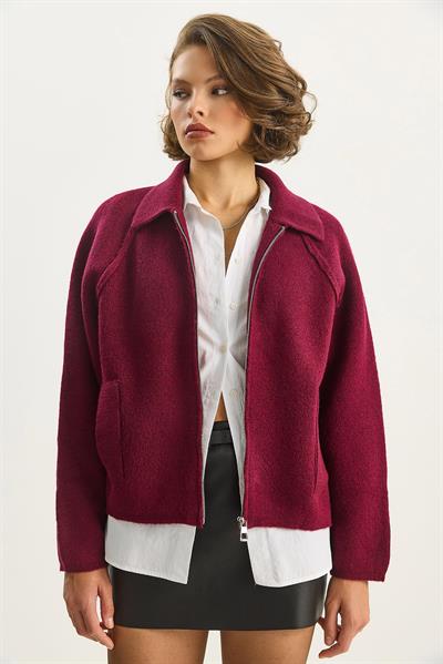 Kadın Önden Fermuarlı Polo Yaka Relaxed Triko Ceket Hırka 4904 60283590 - Vişne