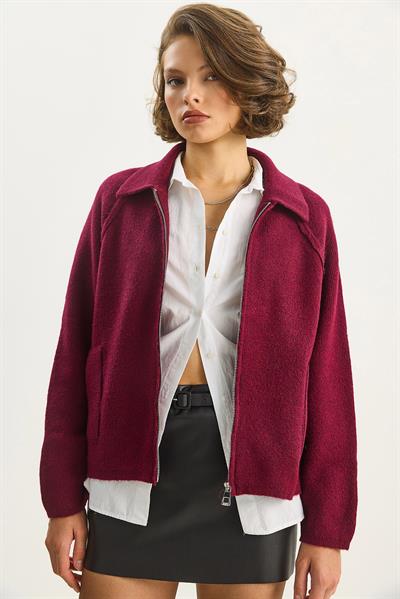 Kadın Önden Fermuarlı Polo Yaka Relaxed Triko Ceket Hırka 4904 60283590 - Vişne