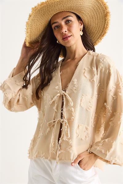 Kadın Önü Bağlamalı Kendinden Nakışlı Püsküllü Salaş Kimono 7012-2 60283410 - Bej