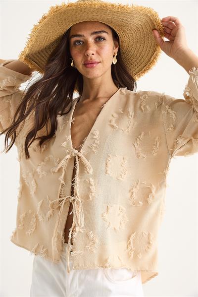 Kadın Önü Bağlamalı Kendinden Nakışlı Püsküllü Salaş Kimono 7012-2 60283410 - Bej