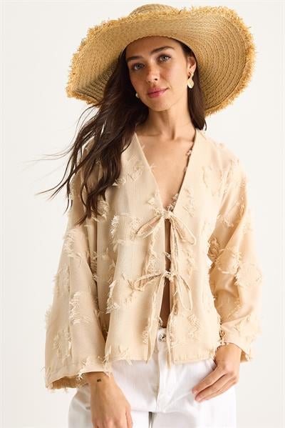 Kadın Önü Bağlamalı Kendinden Nakışlı Püsküllü Salaş Kimono 7012-2 60283410 - Bej