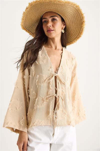 Kadın Önü Bağlamalı Kendinden Nakışlı Püsküllü Salaş Kimono 7012-2 60283410 - Bej
