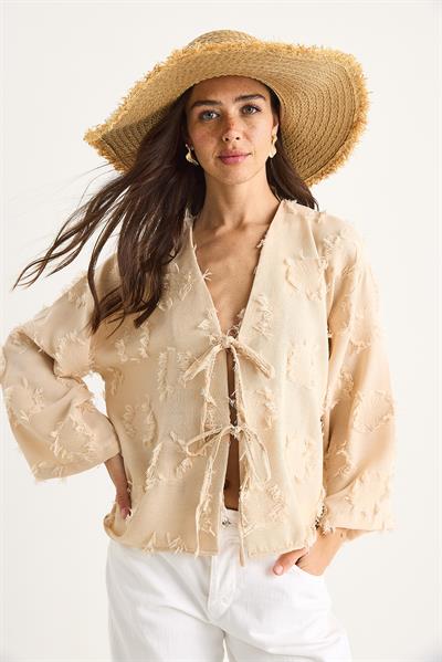 Kadın Önü Bağlamalı Kendinden Nakışlı Püsküllü Salaş Kimono 7012-2 60283410 - Bej