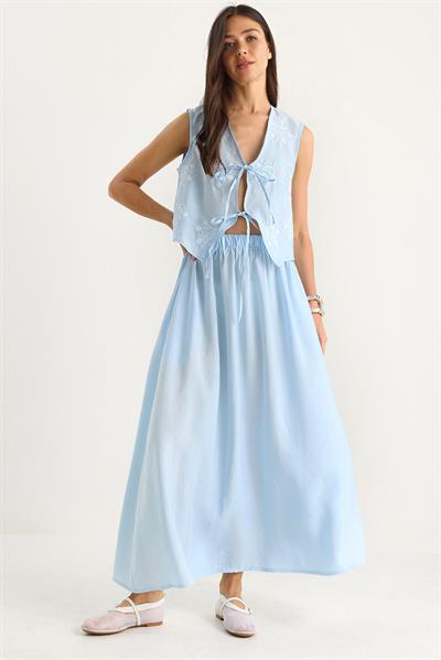 Kadın Önü Bağlamalı Nakış İşlemeli Yelek Cep Detaylı Uzun Modal Etek Takım 4009 60283423 - Bebe Mavisi