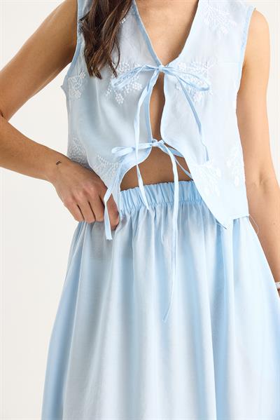 Kadın Önü Bağlamalı Nakış İşlemeli Yelek Cep Detaylı Uzun Modal Etek Takım 4009 60283423 - Bebe Mavisi