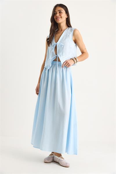 Kadın Önü Bağlamalı Nakış İşlemeli Yelek Cep Detaylı Uzun Modal Etek Takım 4009 60283423 - Bebe Mavisi