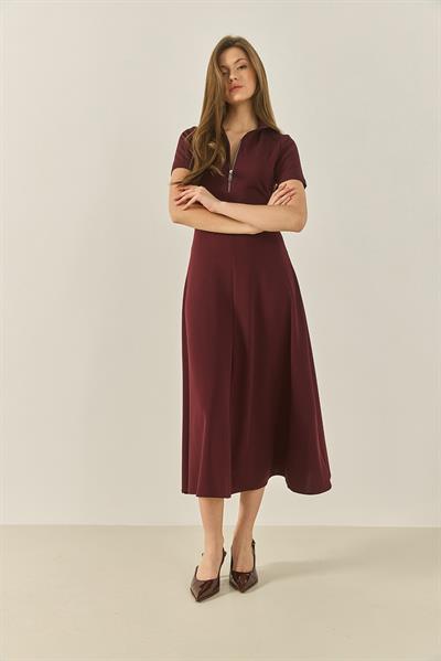 Kadın Önü Fermuarlı Belden Oturtmalı Kısa Kollu Çan Elbise 5200 60281049 - Bordo