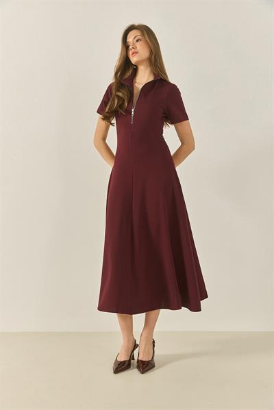 Kadın Önü Fermuarlı Belden Oturtmalı Kısa Kollu Çan Elbise 5200 60281049 - Bordo