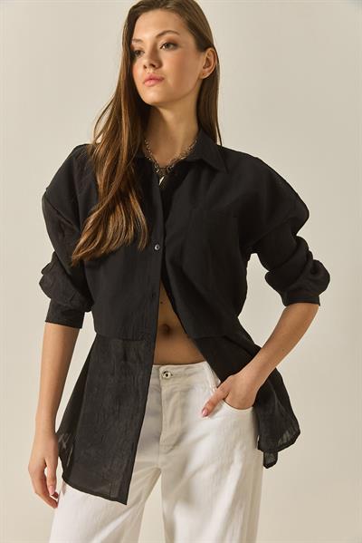 Kadın Organze Tül Detaylı Oversize Gömlek 60502 60283263 - Siyah