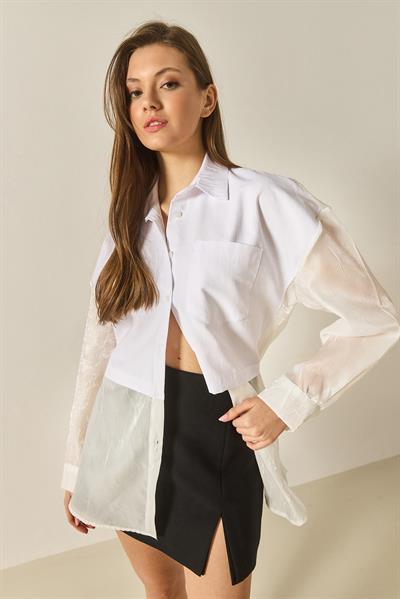 Kadın Organze Tül Detaylı Oversize Gömlek 60502 60283263 - Beyaz