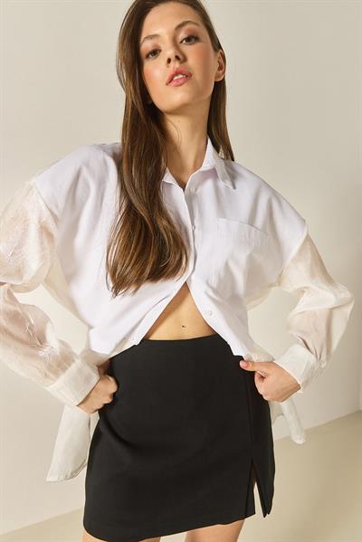 Kadın Organze Tül Detaylı Oversize Gömlek 60502 60283263 - Beyaz