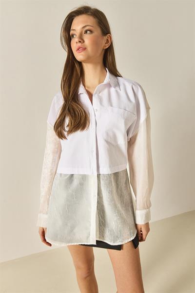 Kadın Organze Tül Detaylı Oversize Gömlek 60502 60283263 - Beyaz