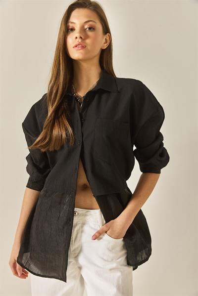 Kadın Organze Tül Detaylı Oversize Gömlek 60502 60283263 - Siyah