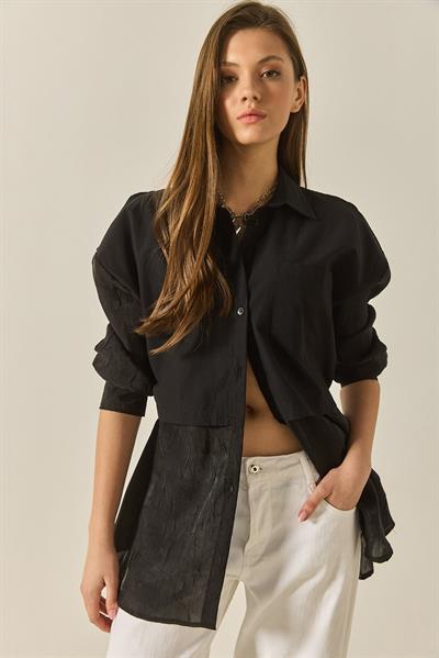 Kadın Organze Tül Detaylı Oversize Gömlek 60502 60283263 - Siyah