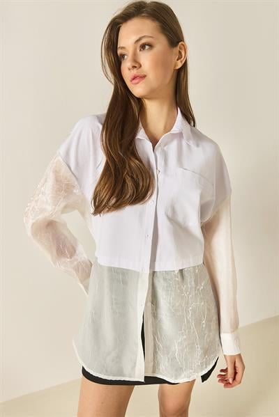 Kadın Organze Tül Detaylı Oversize Gömlek 60502 60283263 - Beyaz
