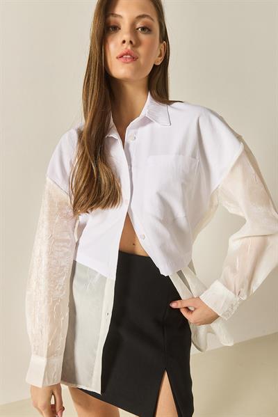 Kadın Organze Tül Detaylı Oversize Gömlek 60502 60283263 - Beyaz
