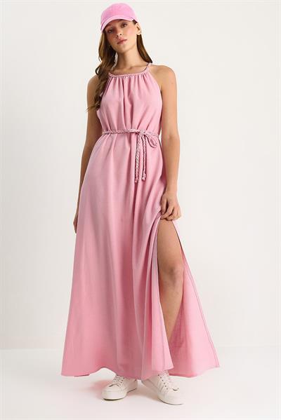 Kadın Örgü Kemerli Halter Yaka Yırtmaç Detaylı Keten Elbise 60283510 - Toz Pembe
