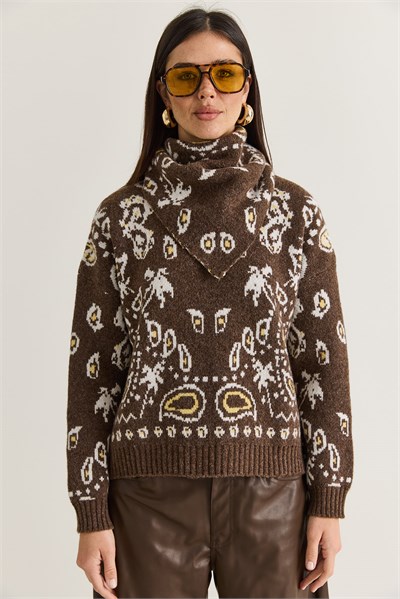 Kadın Otantik Desenli Şal Aksesuarlı Relaxed Triko Kazak TK261020 60286628 - kahve-ekru