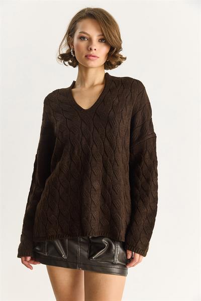 Kadın Oval Yaka Saç Örgü Oversize Triko Kazak TK241277 60284091 - Kahve
