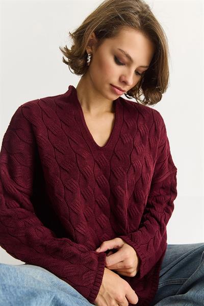 Kadın Oval Yaka Saç Örgü Oversize Triko Kazak TK241277 60284091 - Bordo