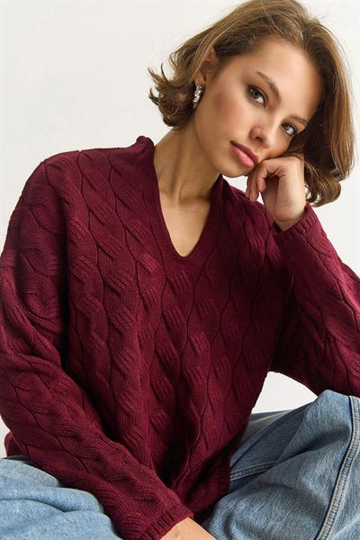 Kadın Oval Yaka Saç Örgü Oversize Triko Kazak TK241277 60284091 - Bordo