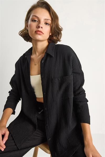 Kadın Oversize Basic Müslin Gömlek 60282021 - Siyah