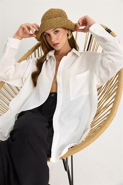 Kadın Oversize Basic Müslin Gömlek 60282021 - Beyaz