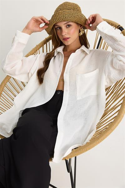 Kadın Oversize Basic Müslin Gömlek 60282021 - Beyaz