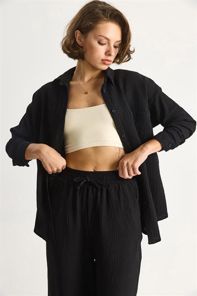 Kadın Oversize Basic Müslin Gömlek 60282021 - Siyah