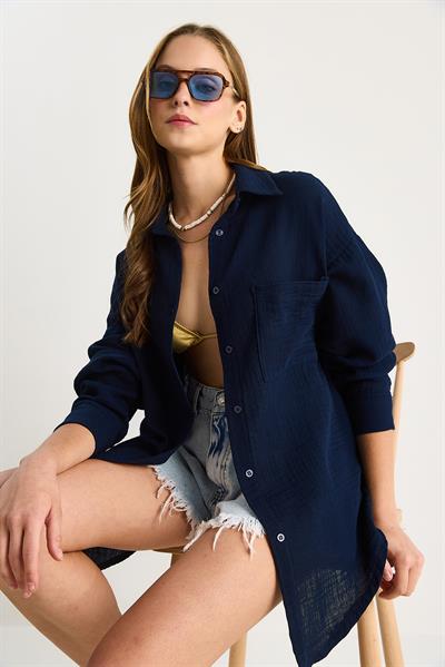 Kadın Oversize Basic Müslin Gömlek 60282021 - Lacivert
