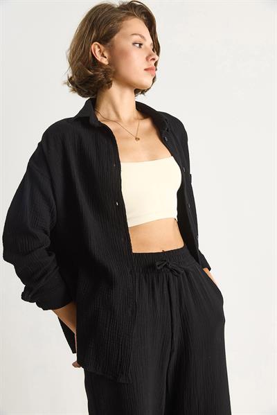 Kadın Oversize Basic Müslin Gömlek 60282021 - Siyah