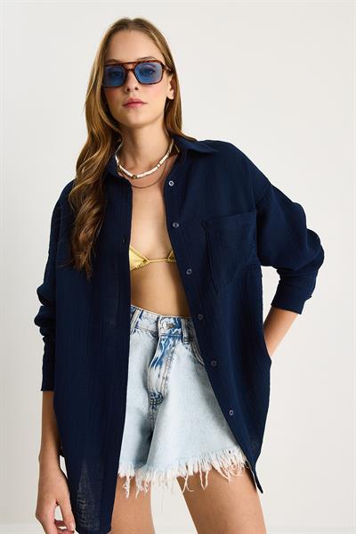Kadın Oversize Basic Müslin Gömlek 60282021 - Lacivert