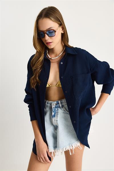 Kadın Oversize Basic Müslin Gömlek 60282021 - Lacivert
