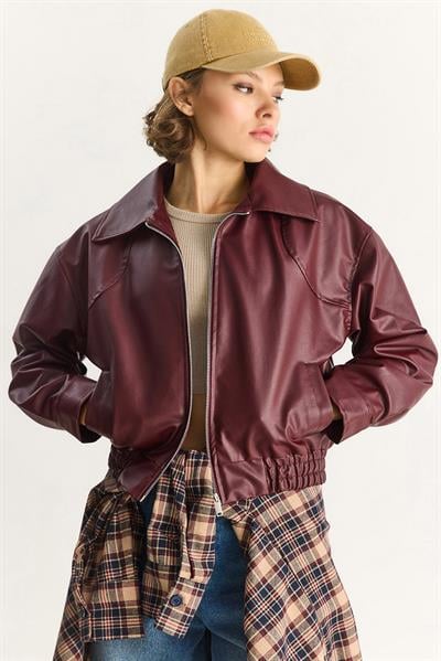 Kadın Oversize Belli Lastikli Suni Deri Bomber Ceket 3128 60283558 - Bordo