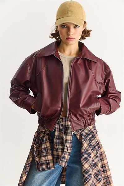Kadın Oversize Belli Lastikli Suni Deri Bomber Ceket 3128 60283558 - Bordo