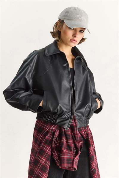 Kadın Oversize Belli Lastikli Suni Deri Bomber Ceket 3128 60283558 - Siyah